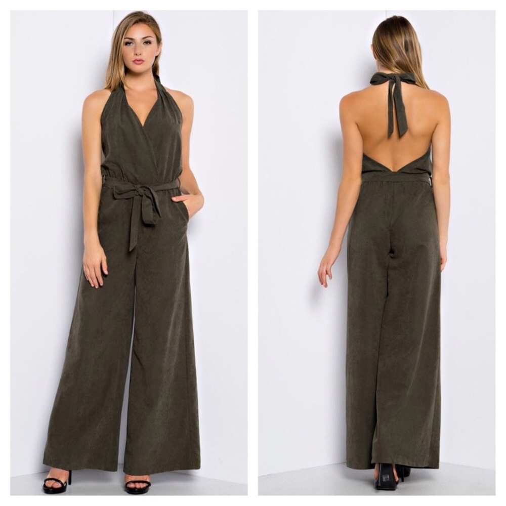 Green Halter Jumpsuit, wide-leg, open-back - Picture 2 of 3